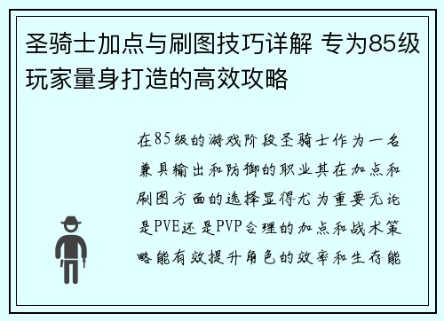 圣骑士加点与刷图技巧详解 专为85级玩家量身打造的高效攻略